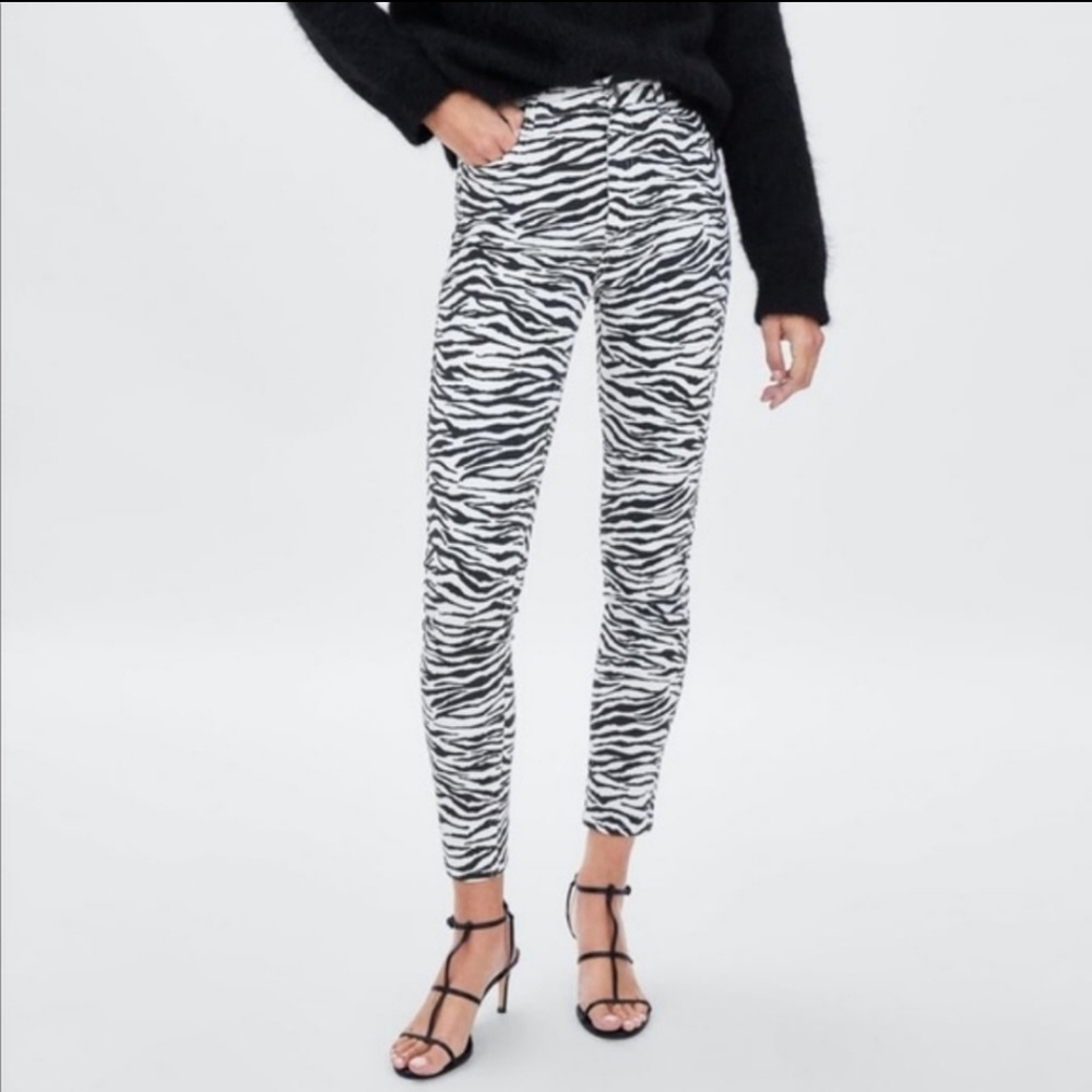 NWT Zara Premium Denim Zebra Animal Print Skinny Straight Leg Jeans Sz 8 / 40